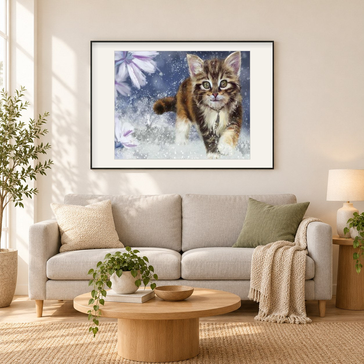 Katze läuft im Wasser als gerahmtes Diamond Painting im Wohnzimmer