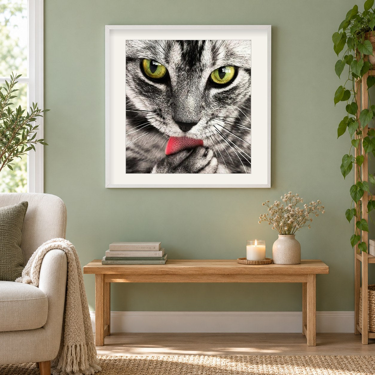 Katze lecken Pfote als gerahmtes Diamond Painting im Wohnzimmer