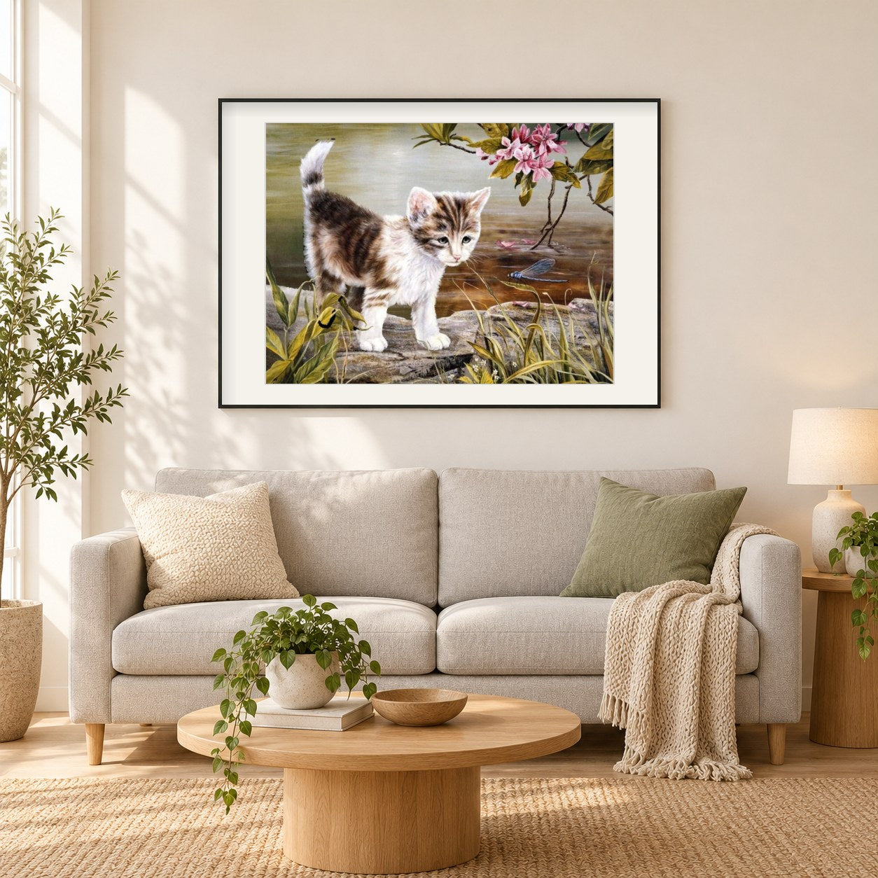 Katze & Libelle als gerahmtes Diamond Painting im Wohnzimmer