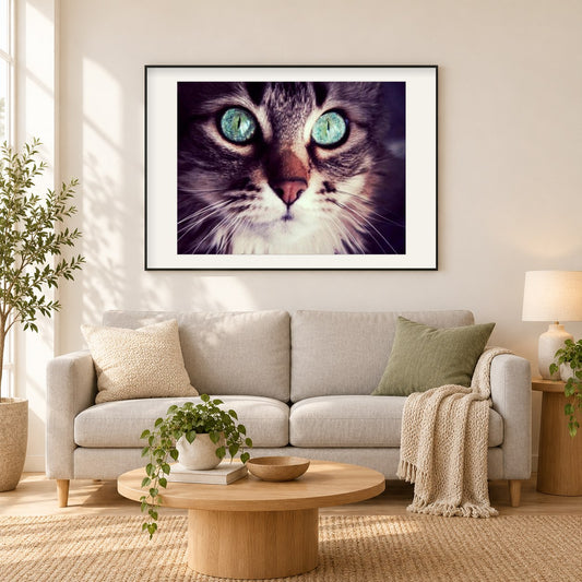 Katze mit türkisfarbenen Augen als gerahmtes Diamond Painting im Wohnzimmer
