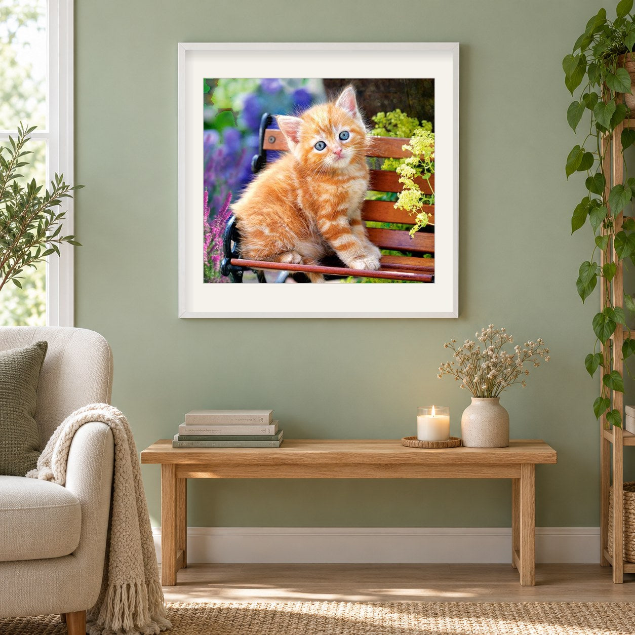 Katze sitzt auf Bank als gerahmtes Diamond Painting im Wohnzimmer
