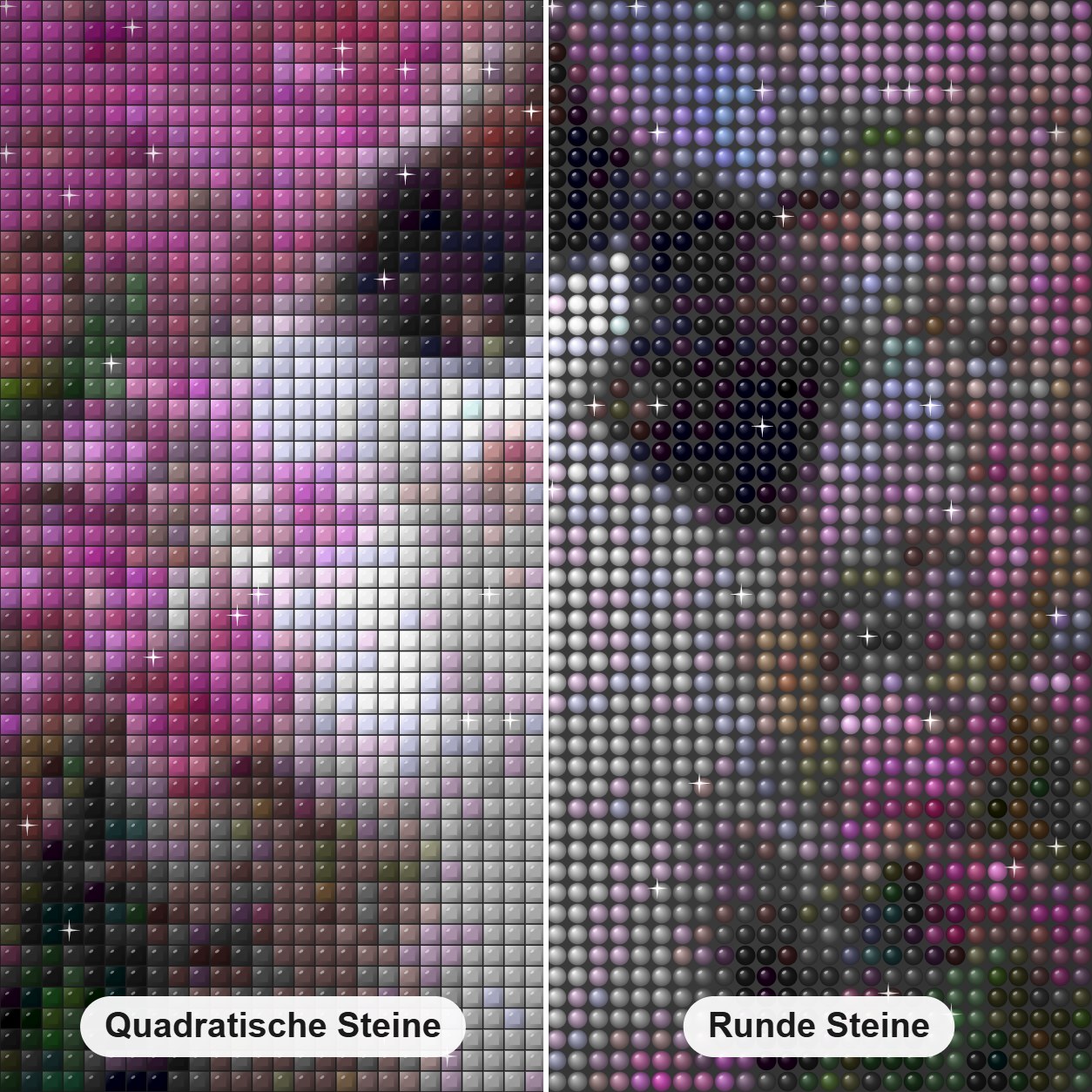 Katze spielt in Blumen Diamond Painting Nahaufnahme mit quadratischen und runden Steinen