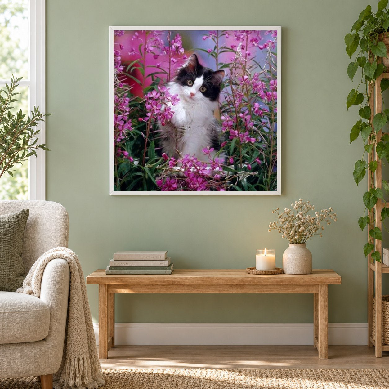 Katze spielt in Blumen als gerahmtes Diamond Painting im Wohnzimmer