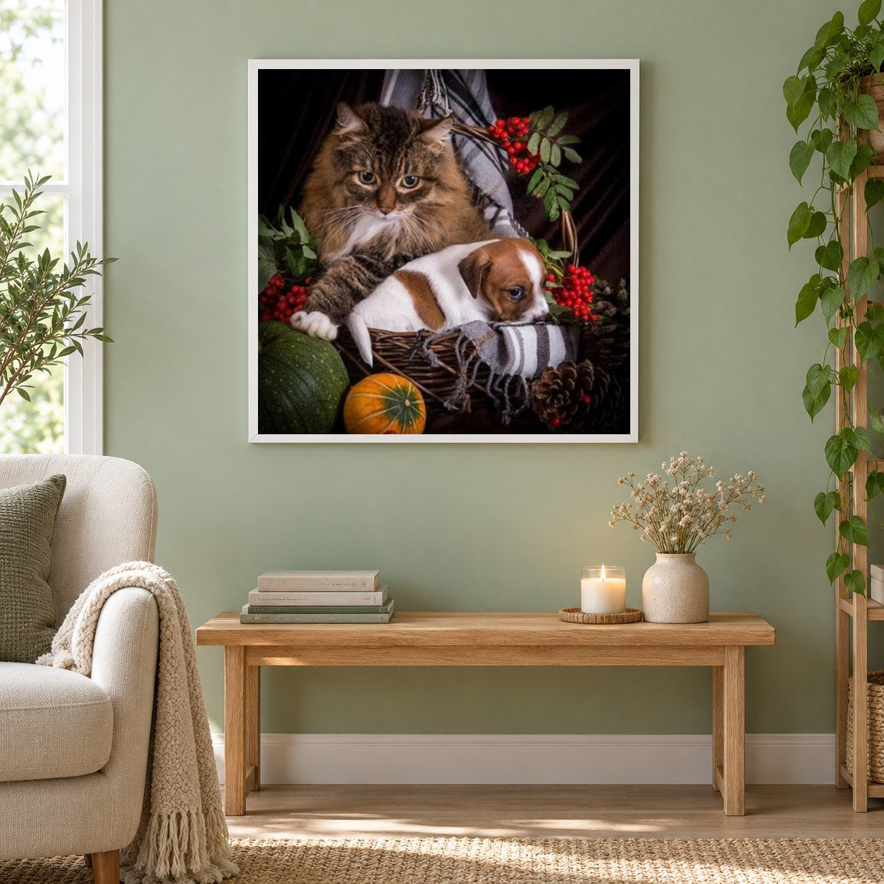Katze & süßer Welpe als gerahmtes Diamond Painting im Wohnzimmer
