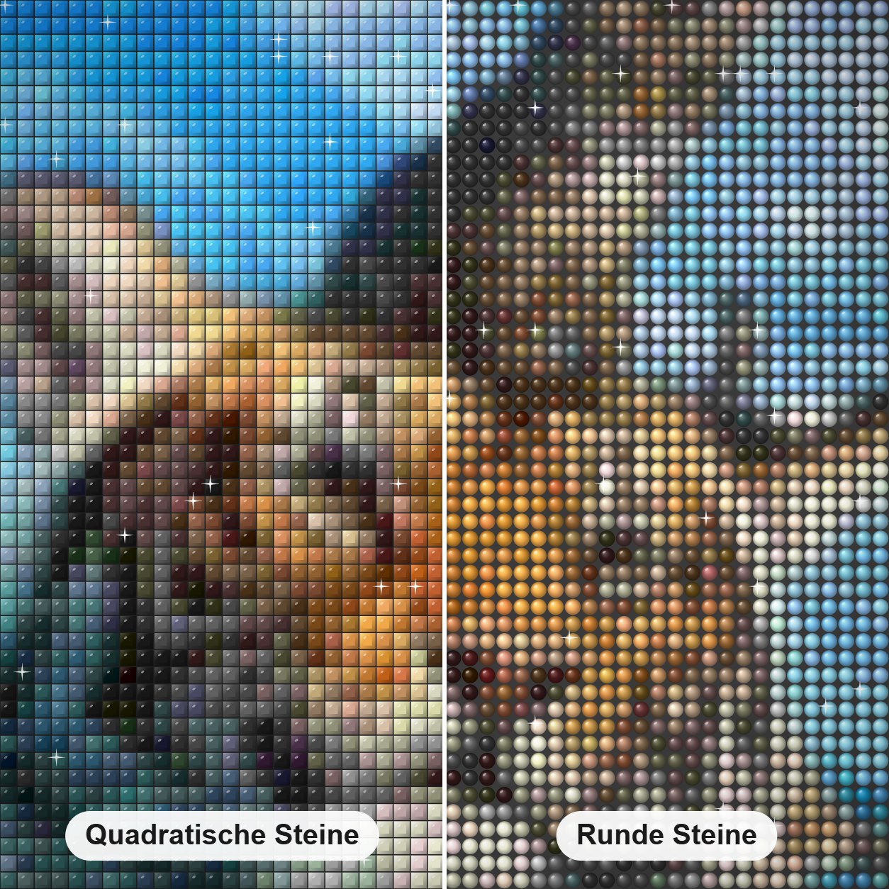 Katze und Tiger schwimmen Diamond Painting Nahaufnahme mit quadratischen und runden Steinen