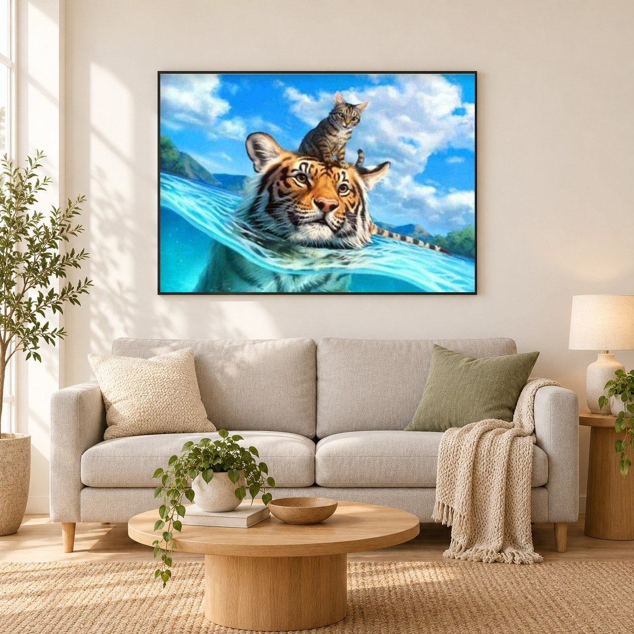 Katze und Tiger schwimmen als gerahmtes Diamond Painting im Wohnzimmer