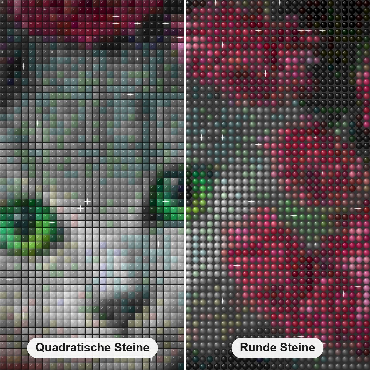 Katze versteckt sich in Blumen Diamond Painting Nahaufnahme mit quadratischen und runden Steinen