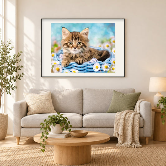 Katze & weiße Gänseblümchen als gerahmtes Diamond Painting im Wohnzimmer