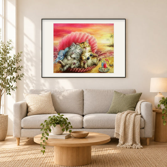 Katzen am Strand als gerahmtes Diamond Painting im Wohnzimmer