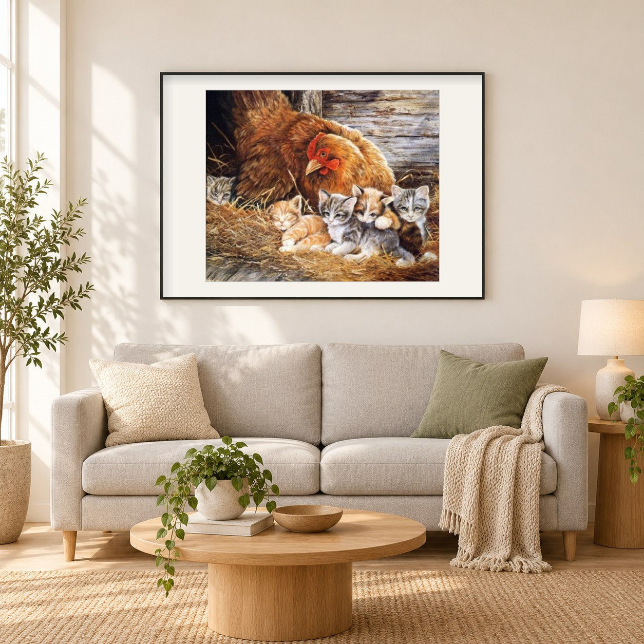 Katzen & Hühnermalerei Kit als gerahmtes Diamond Painting im Wohnzimmer