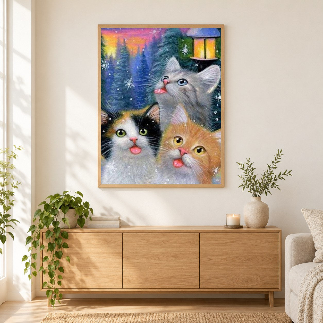Katzen im Winter als gerahmtes Diamond Painting im Wohnzimmer