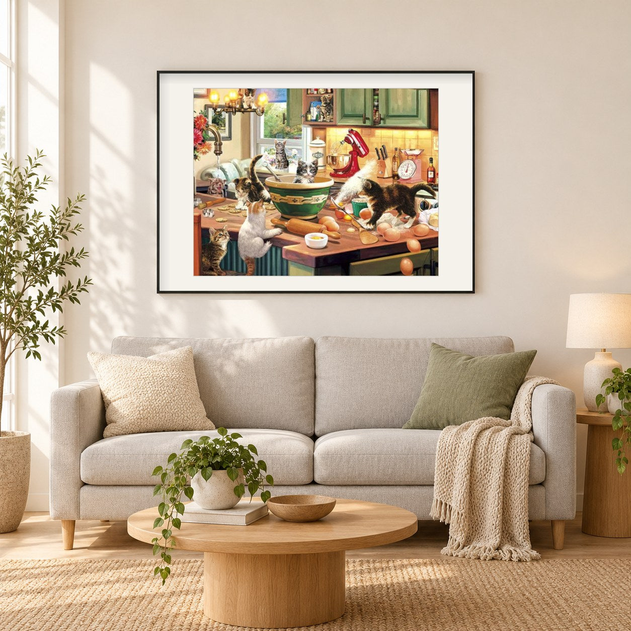 Katzen in der Küche als gerahmtes Diamond Painting im Wohnzimmer