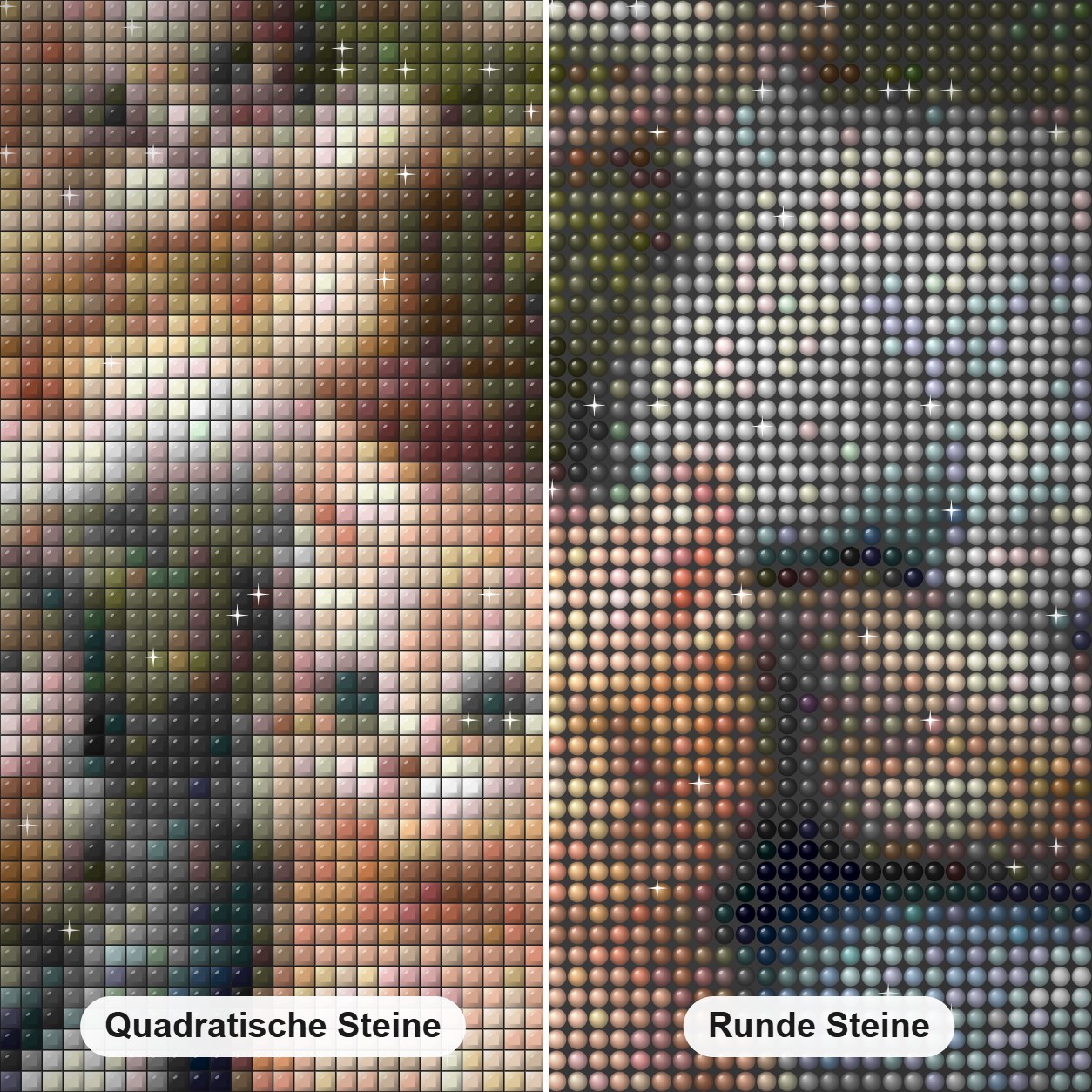 Katzen nisten Diamond Painting Nahaufnahme mit quadratischen und runden Steinen