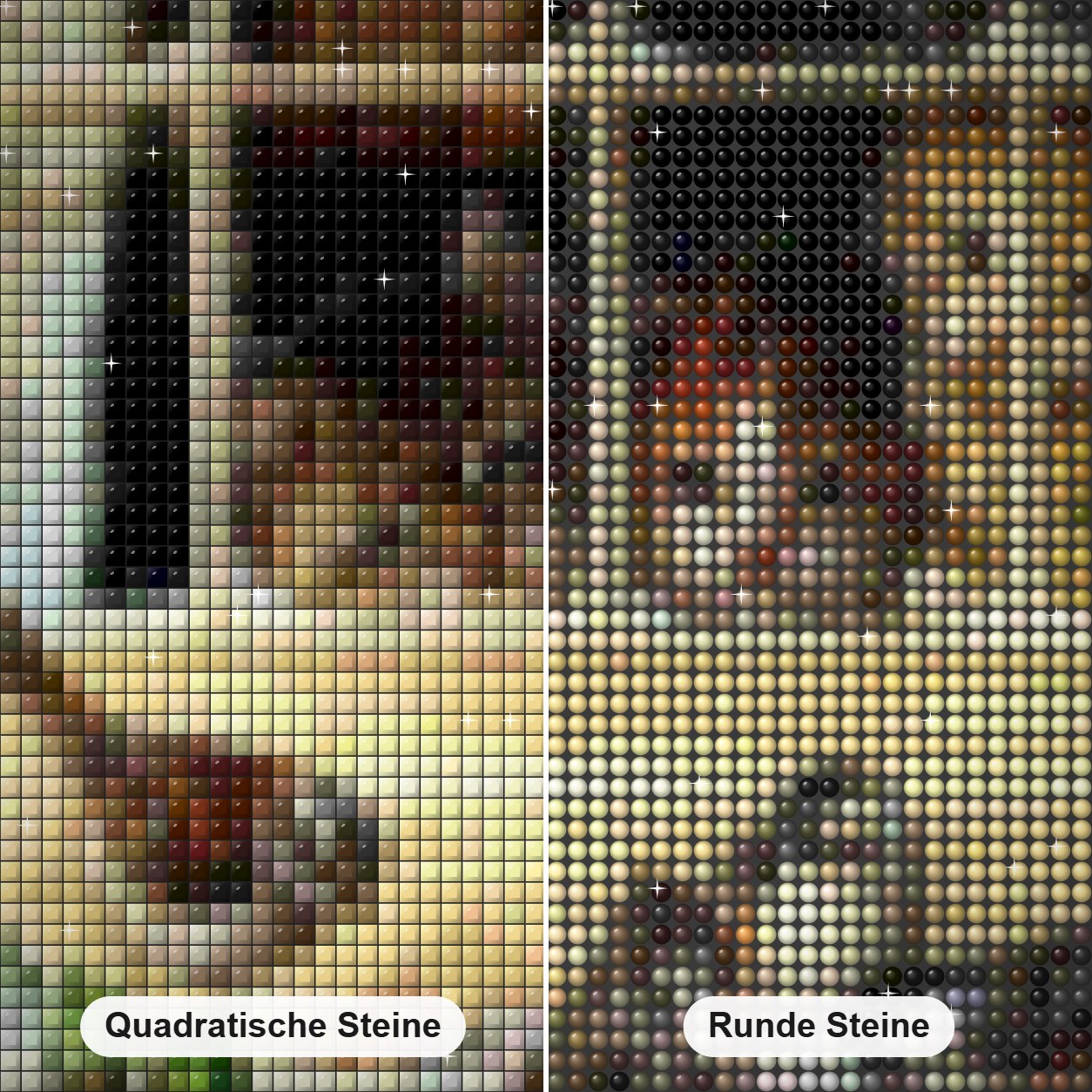 Katzen starren Spatzen aus dem Fenster Diamond Painting Nahaufnahme mit quadratischen und runden Steinen