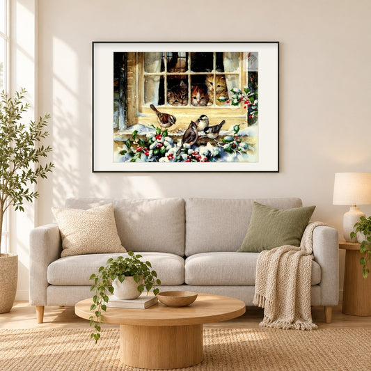 Katzen starren Spatzen aus dem Fenster als gerahmtes Diamond Painting im Wohnzimmer