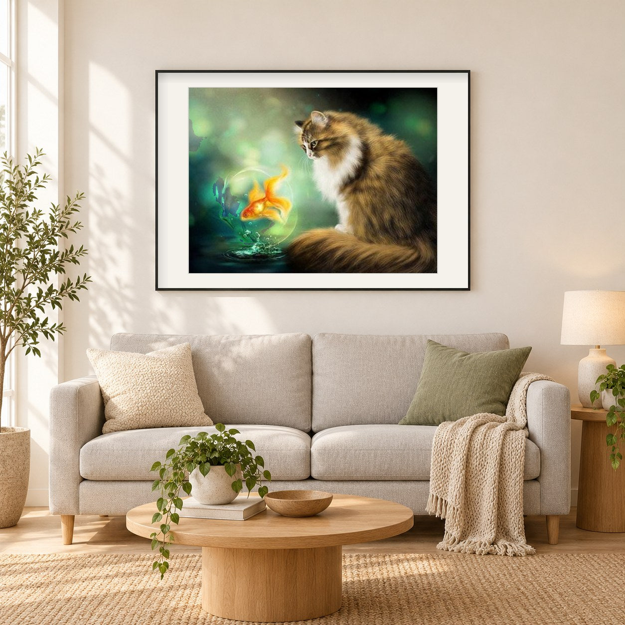 Katzen- und Goldfisch als gerahmtes Diamond Painting im Wohnzimmer
