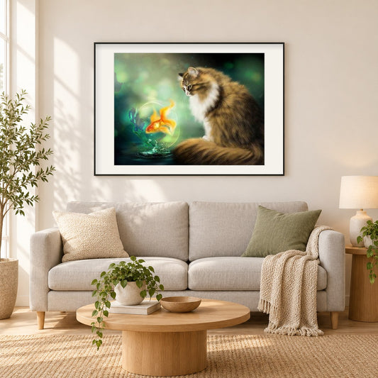 Katzen- und Goldfisch als gerahmtes Diamond Painting im Wohnzimmer