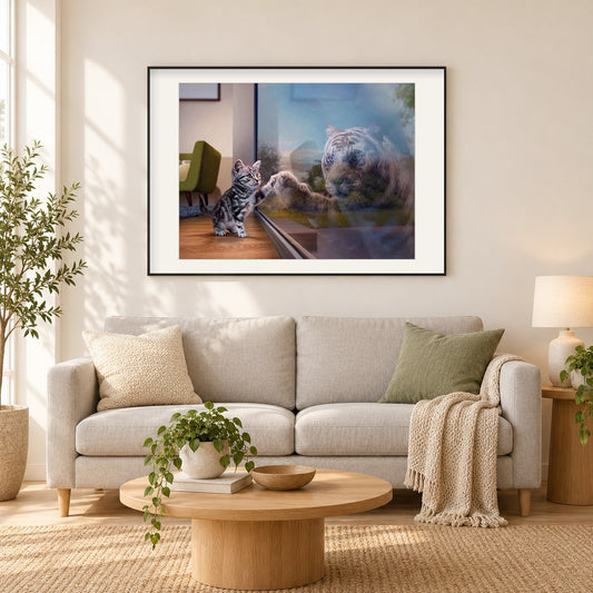 Katzen- und Tiger Reflexion als gerahmtes Diamond Painting im Wohnzimmer