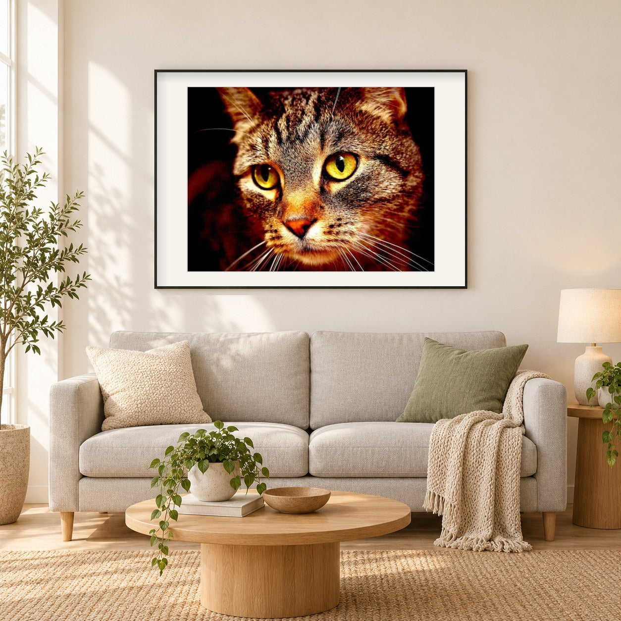 Katzengesicht Nahaufnahme als gerahmtes Diamond Painting im Wohnzimmer