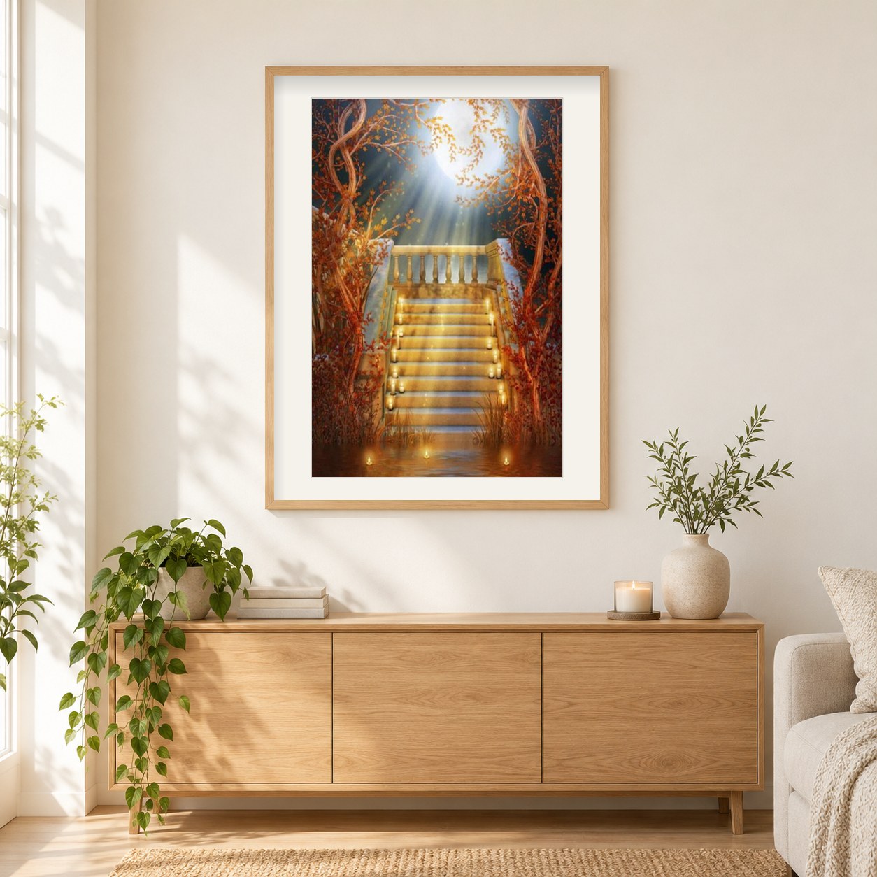 Kerzen auf schöner Treppe. als gerahmtes Diamond Painting im Wohnzimmer