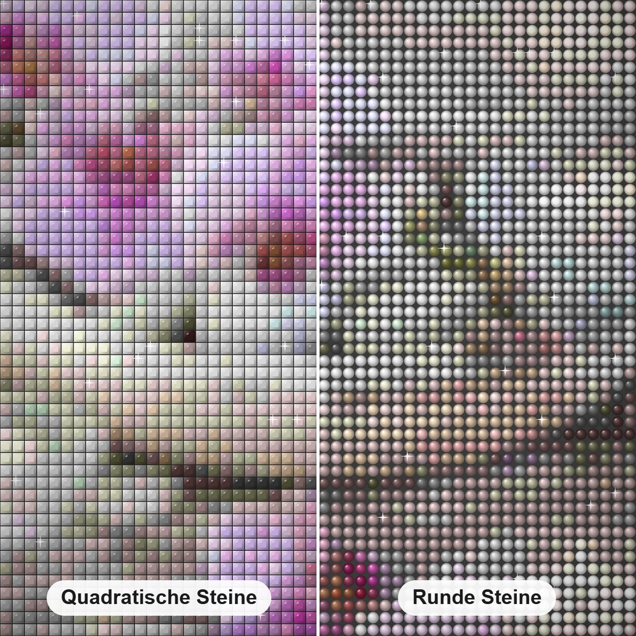 Kerzen und Blumen Diamond Painting Nahaufnahme mit quadratischen und runden Steinen