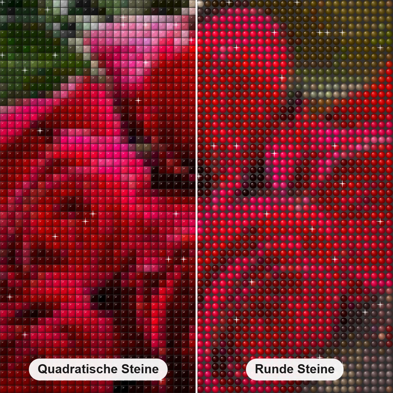 Kerzen und Rosen Diamond Painting Nahaufnahme mit quadratischen und runden Steinen