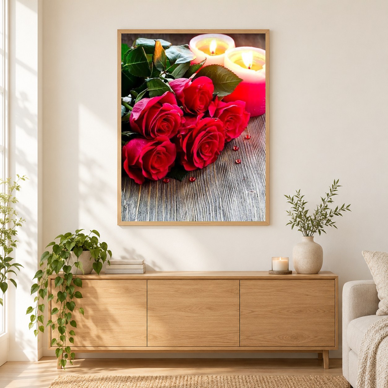Kerzen und Rosen als gerahmtes Diamond Painting im Wohnzimmer