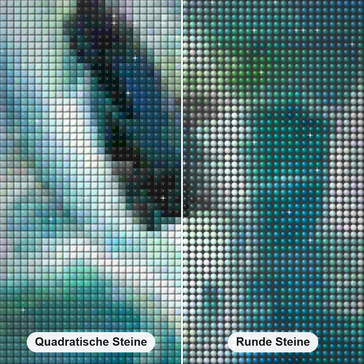 Killerwal Diamond Painting Nahaufnahme mit quadratischen und runden Steinen