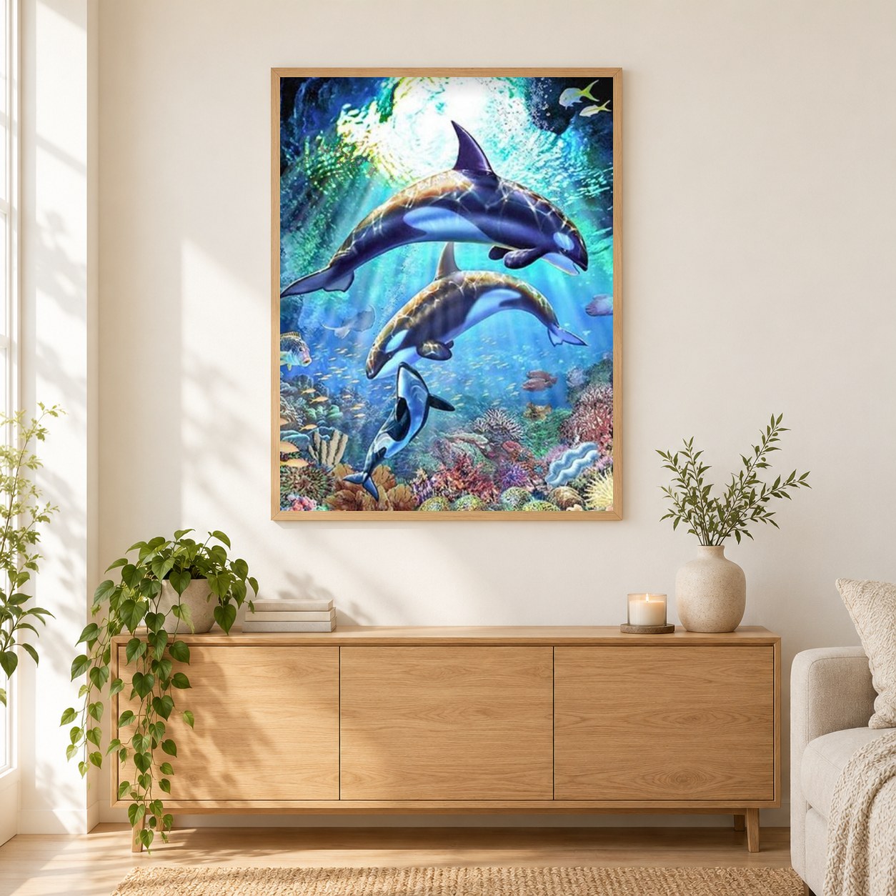 Killerwale als gerahmtes Diamond Painting im Wohnzimmer