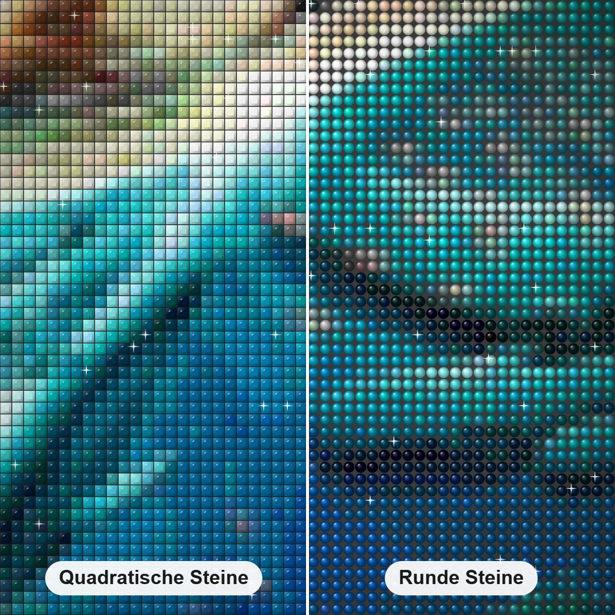 Killerwale und Delfine Diamond Painting Nahaufnahme mit quadratischen und runden Steinen