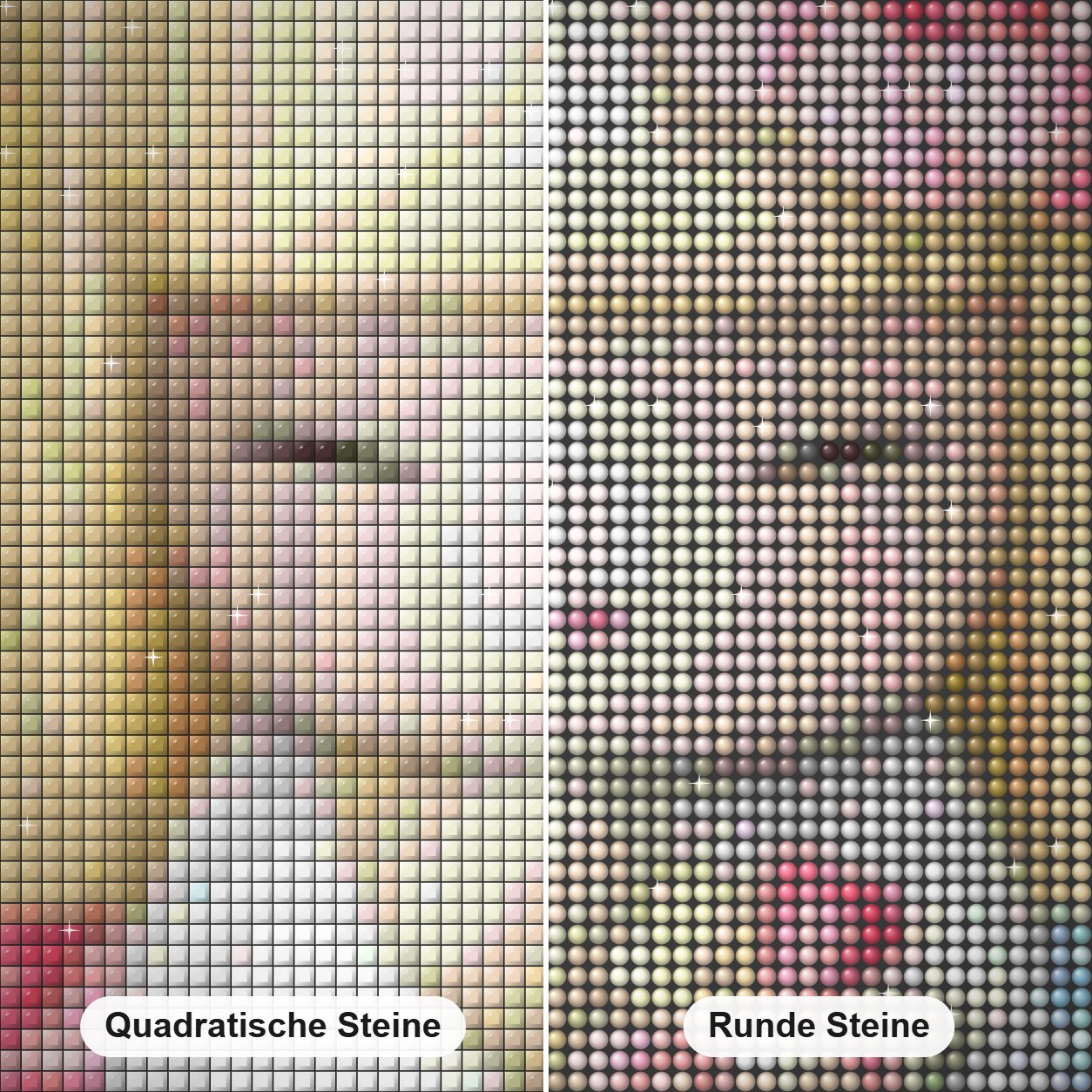 Kimmi Puppe Diamond Painting Nahaufnahme mit quadratischen und runden Steinen