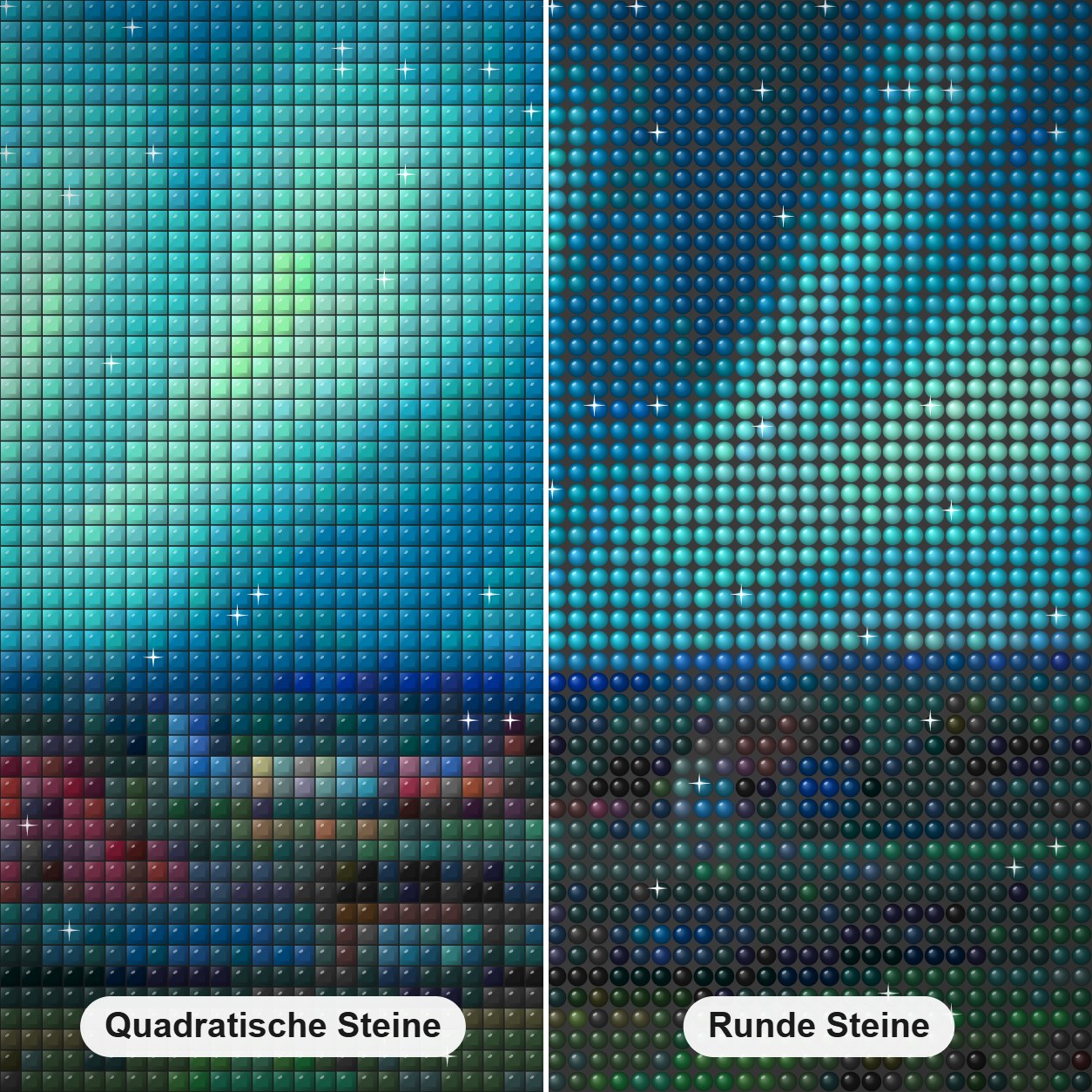 Königsspiegel - Kunst des Jonn Einerssen Diamond Painting Nahaufnahme mit quadratischen und runden Steinen