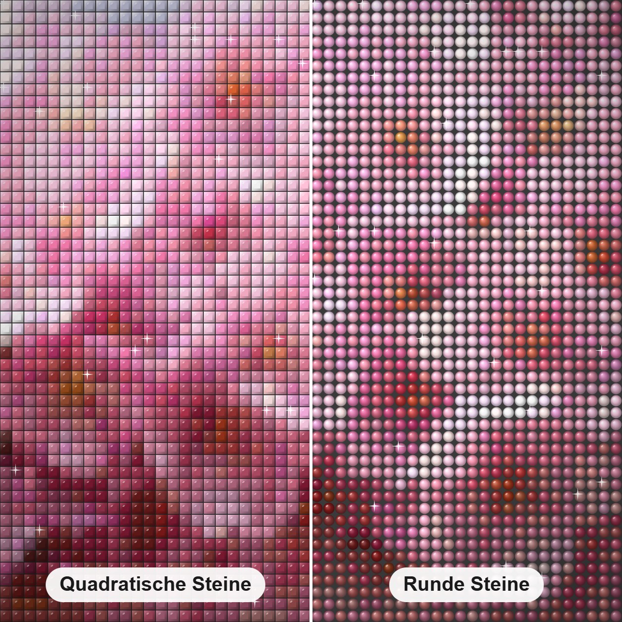 Kirschblüten Diamond Painting Nahaufnahme mit quadratischen und runden Steinen