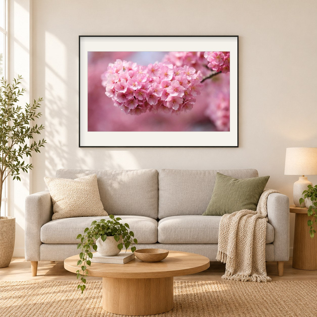Kirschblüten als gerahmtes Diamond Painting im Wohnzimmer