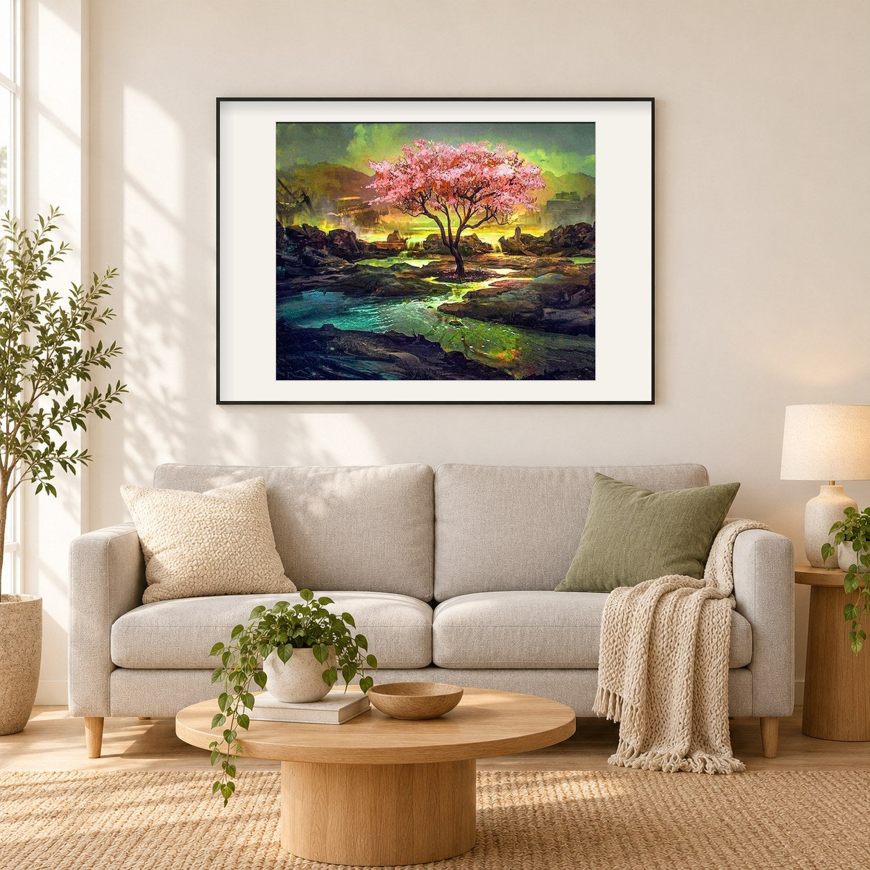 Kirschblüten-Mal-Kit als gerahmtes Diamond Painting im Wohnzimmer