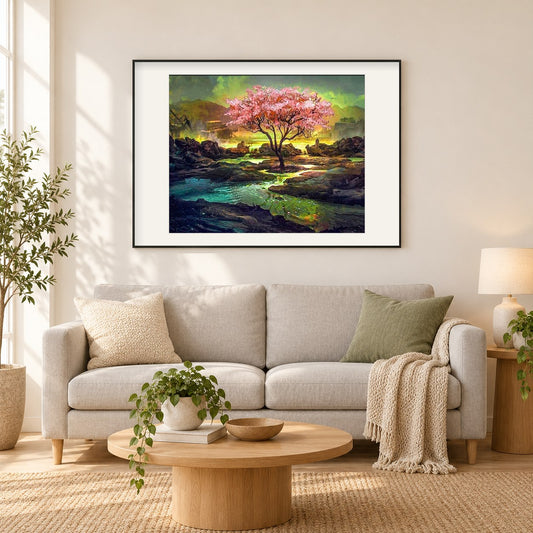 Kirschblüten-Mal-Kit als gerahmtes Diamond Painting im Wohnzimmer