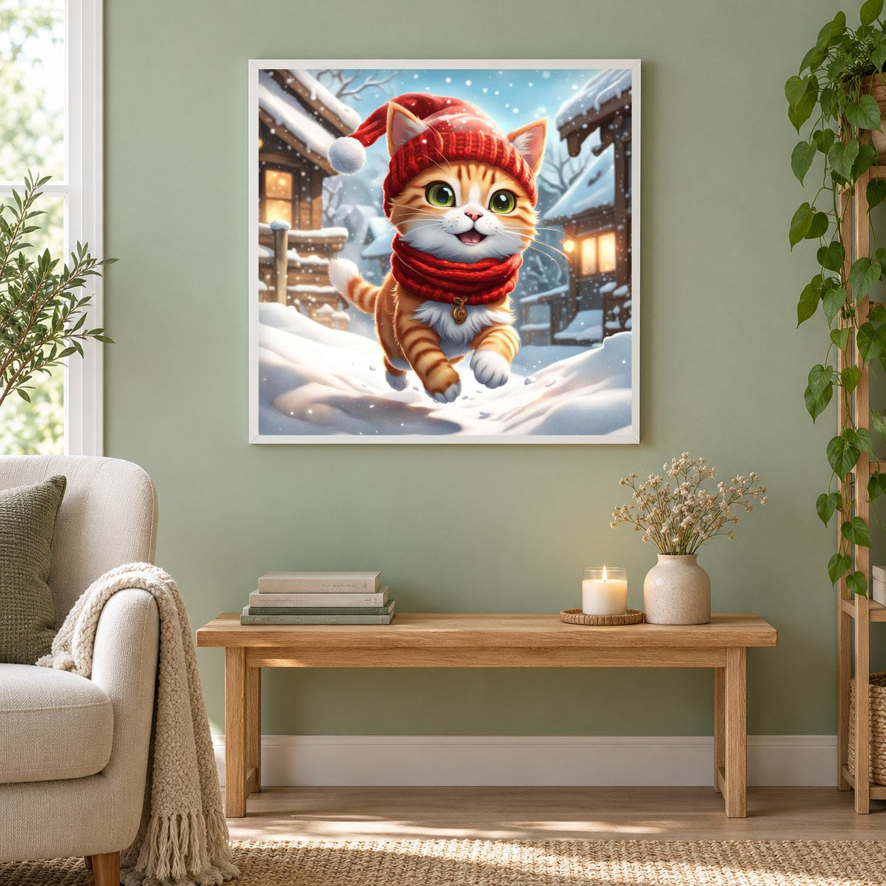 Kätzchen im Weihnachtskostüm als gerahmtes Diamond Painting im Wohnzimmer