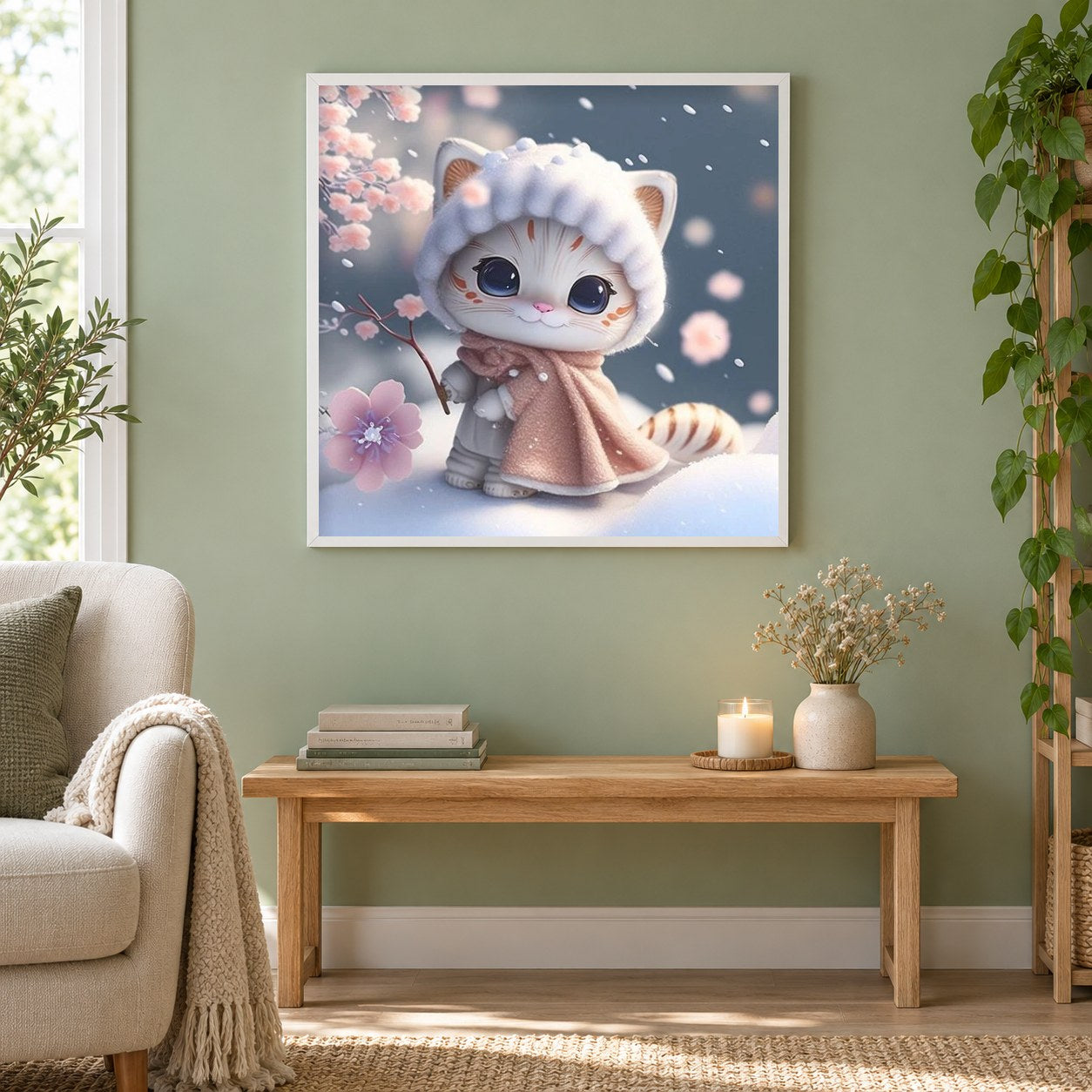 Kätzchens Vorliebe für rosa Blumen als gerahmtes Diamond Painting im Wohnzimmer