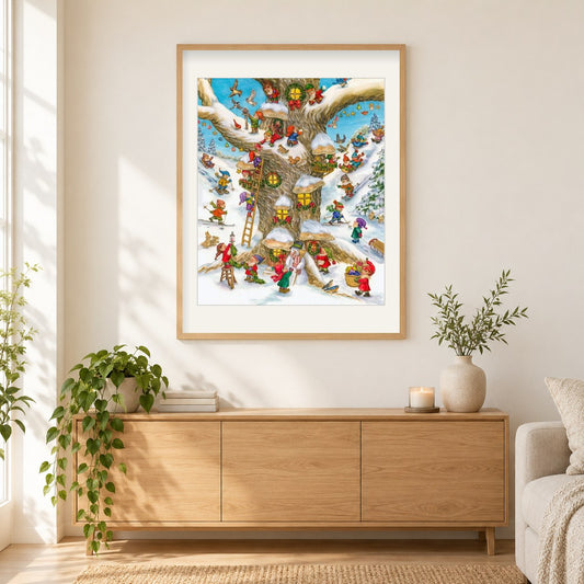 Kleine Zwerge bereit für Weihnachten als gerahmtes Diamond Painting im Wohnzimmer