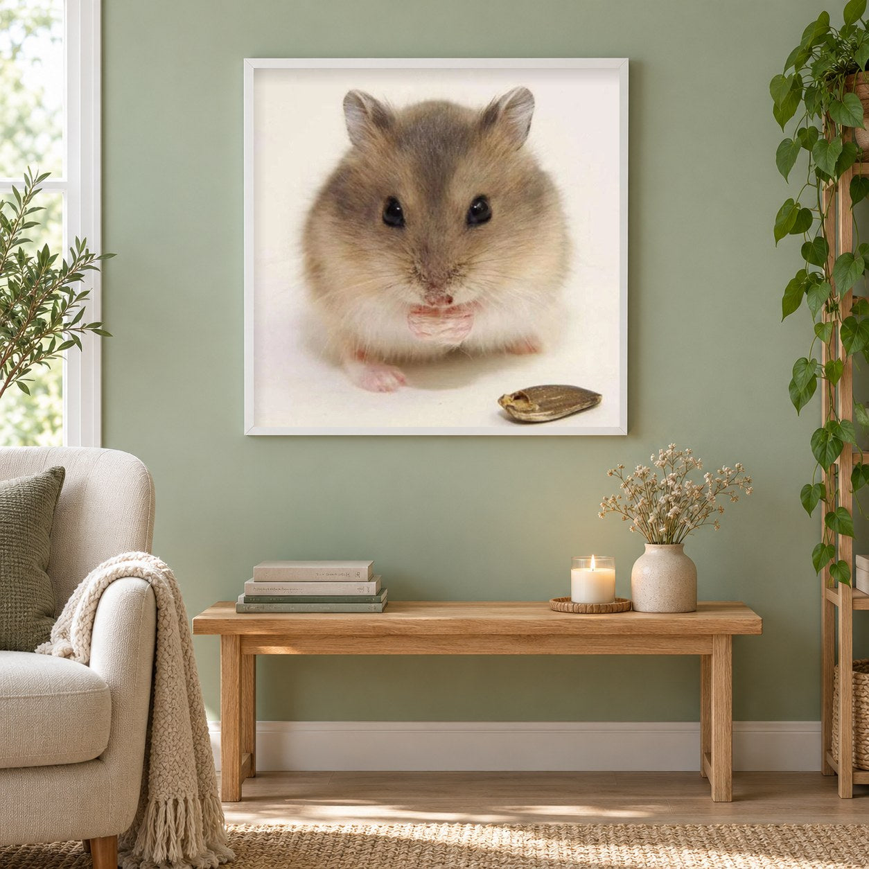 Kleiner Hamster als gerahmtes Diamond Painting im Wohnzimmer