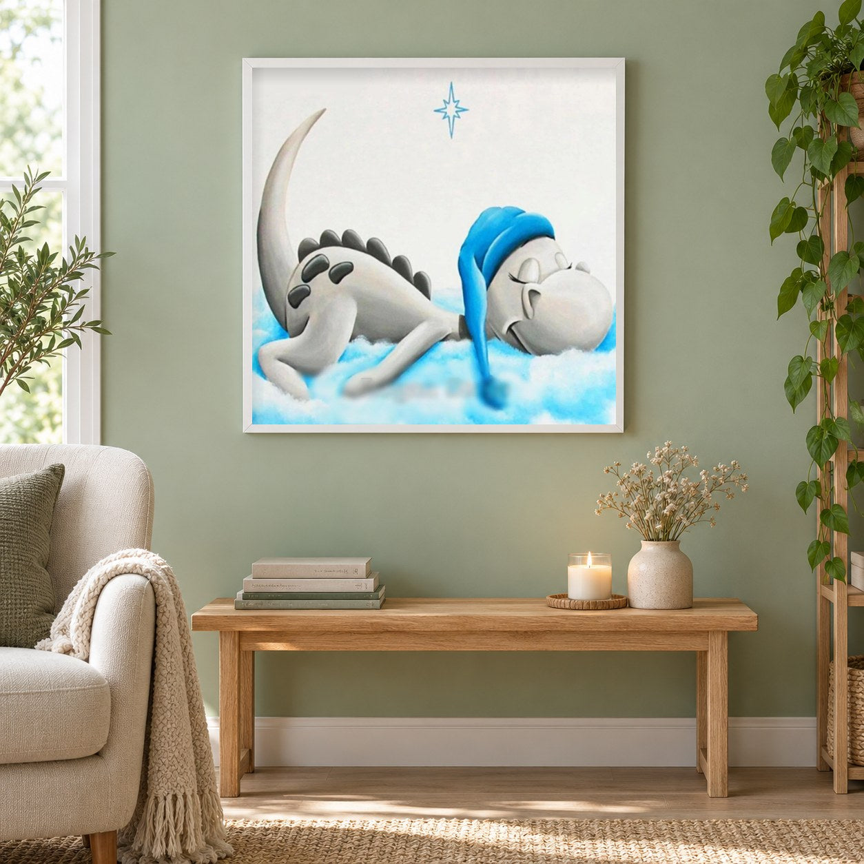 Kleiner weißer Drache schläft als gerahmtes Diamond Painting im Wohnzimmer