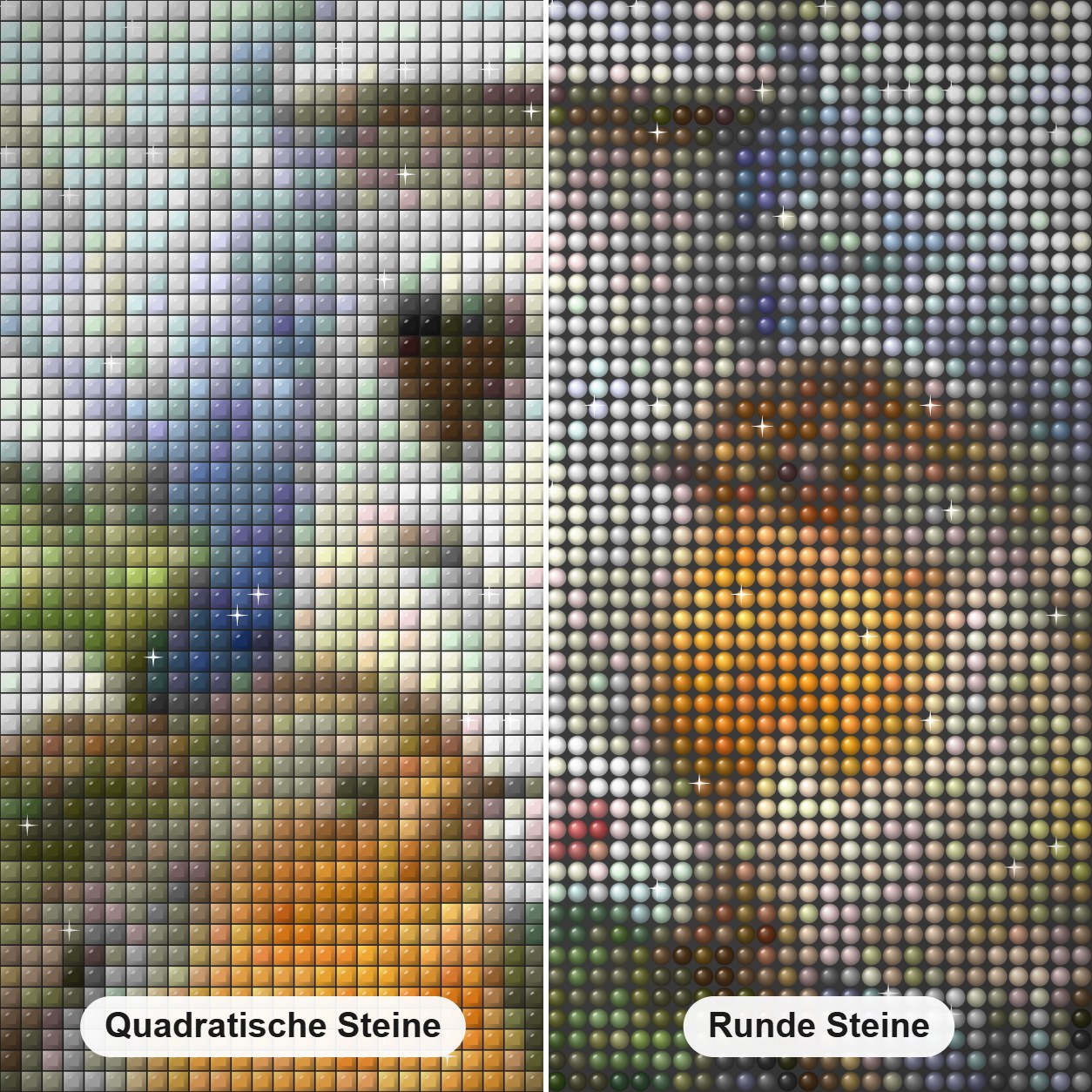 Kleines Haus der Schneevögel Diamond Painting Nahaufnahme mit quadratischen und runden Steinen