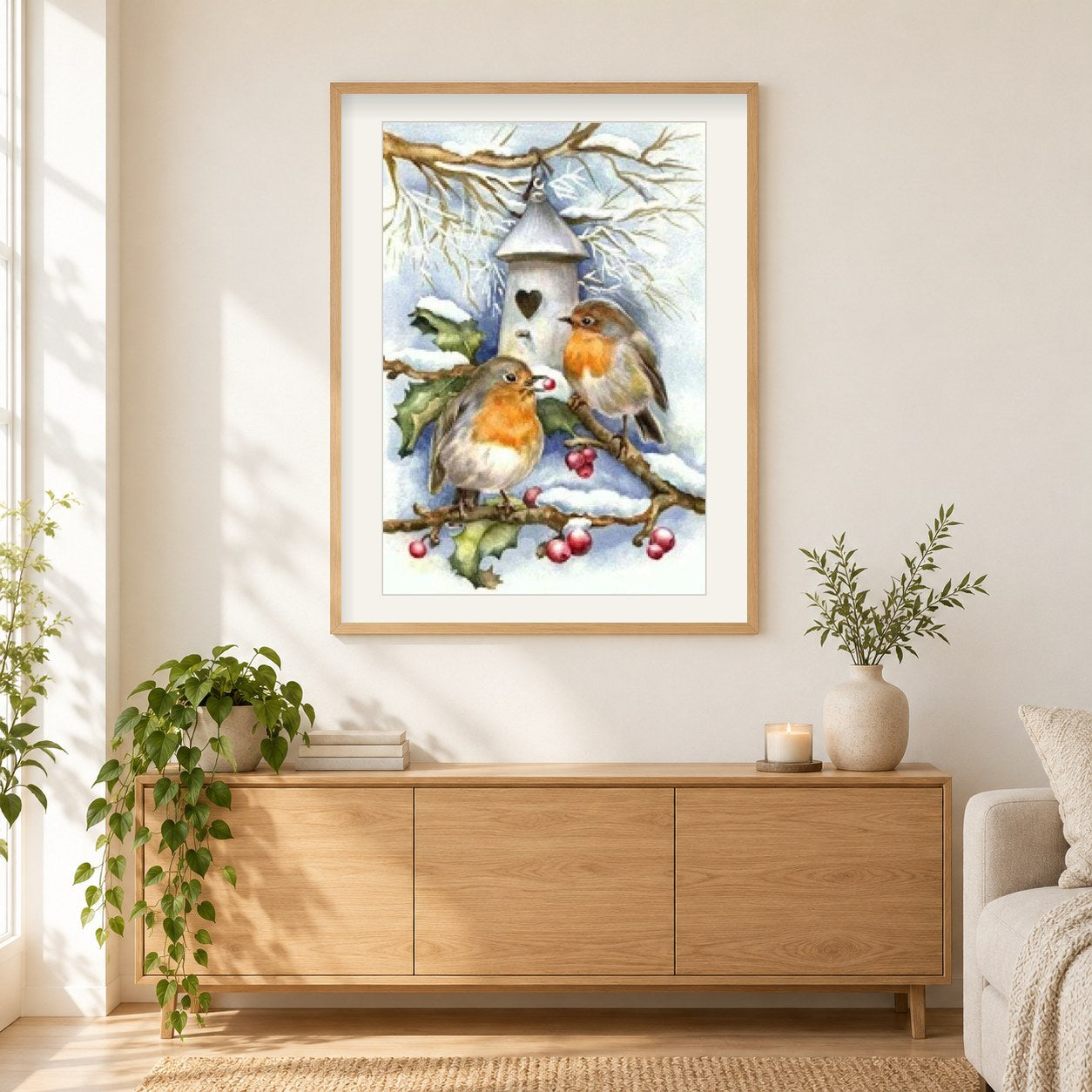 Kleines Haus der Schneevögel als gerahmtes Diamond Painting im Wohnzimmer