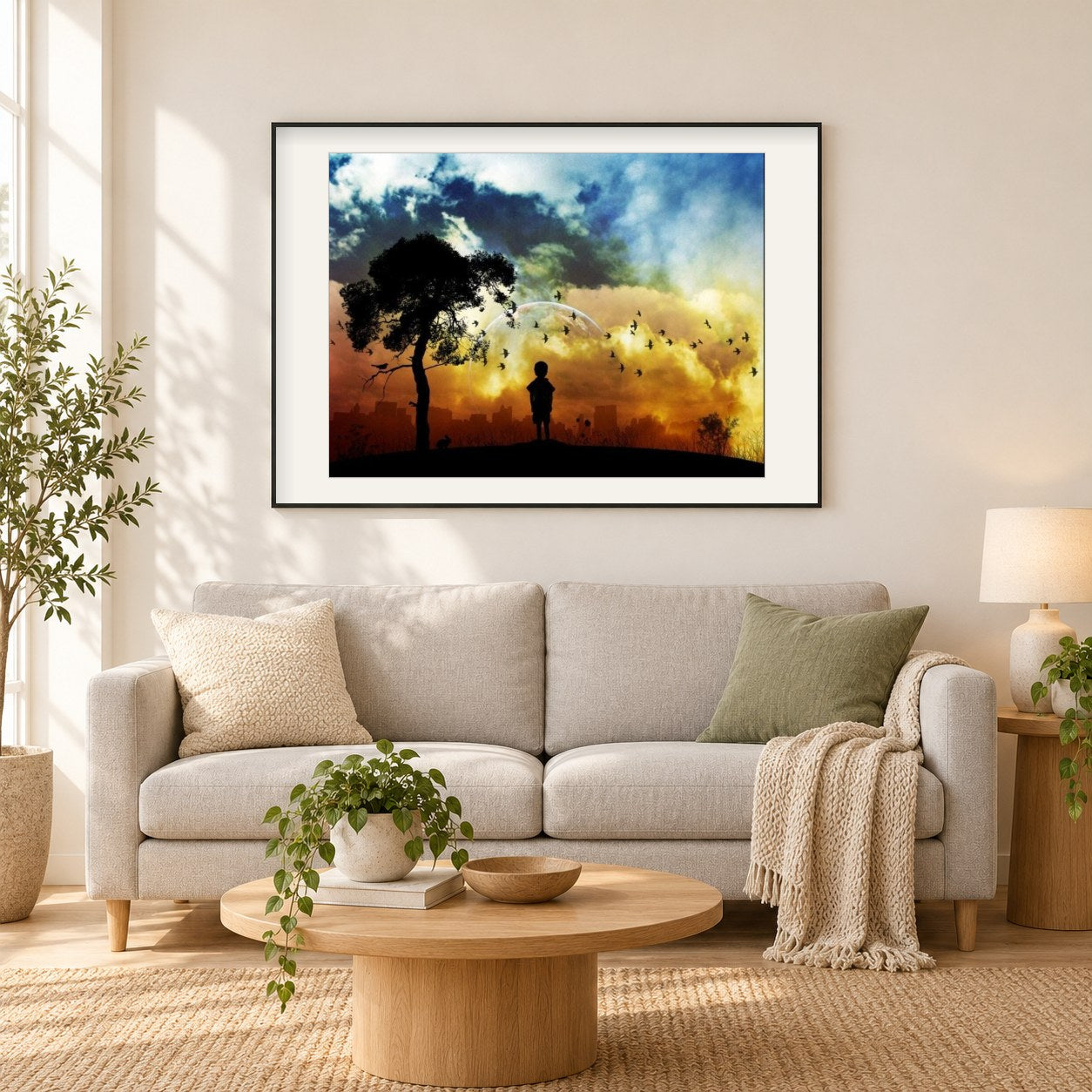 Kleines Kind, das fliegende Vögel beobachtet als gerahmtes Diamond Painting im Wohnzimmer