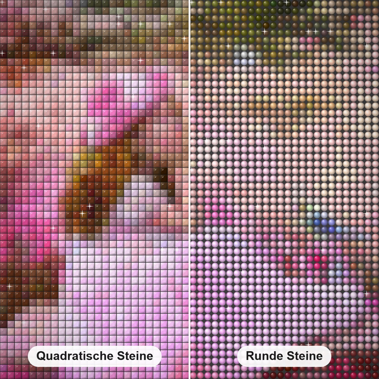 Kleines Mädchen im rosa Kleid Diamond Painting Nahaufnahme mit quadratischen und runden Steinen