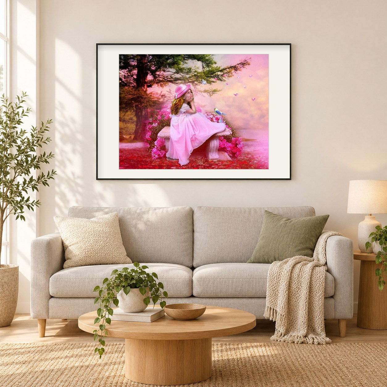 Kleines Mädchen im rosa Kleid als gerahmtes Diamond Painting im Wohnzimmer