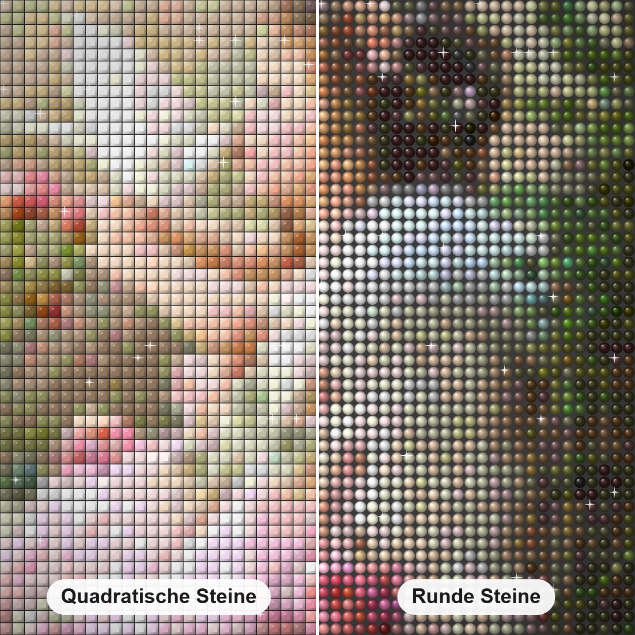 Kleines Mädchen & Tauben Diamond Painting Nahaufnahme mit quadratischen und runden Steinen