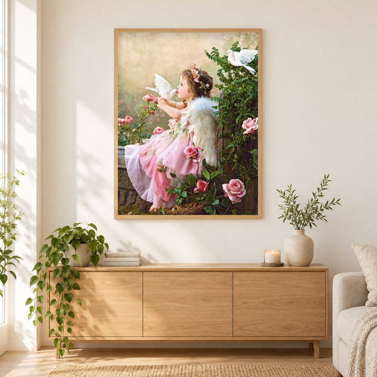 Kleines Mädchen & Tauben als gerahmtes Diamond Painting im Wohnzimmer