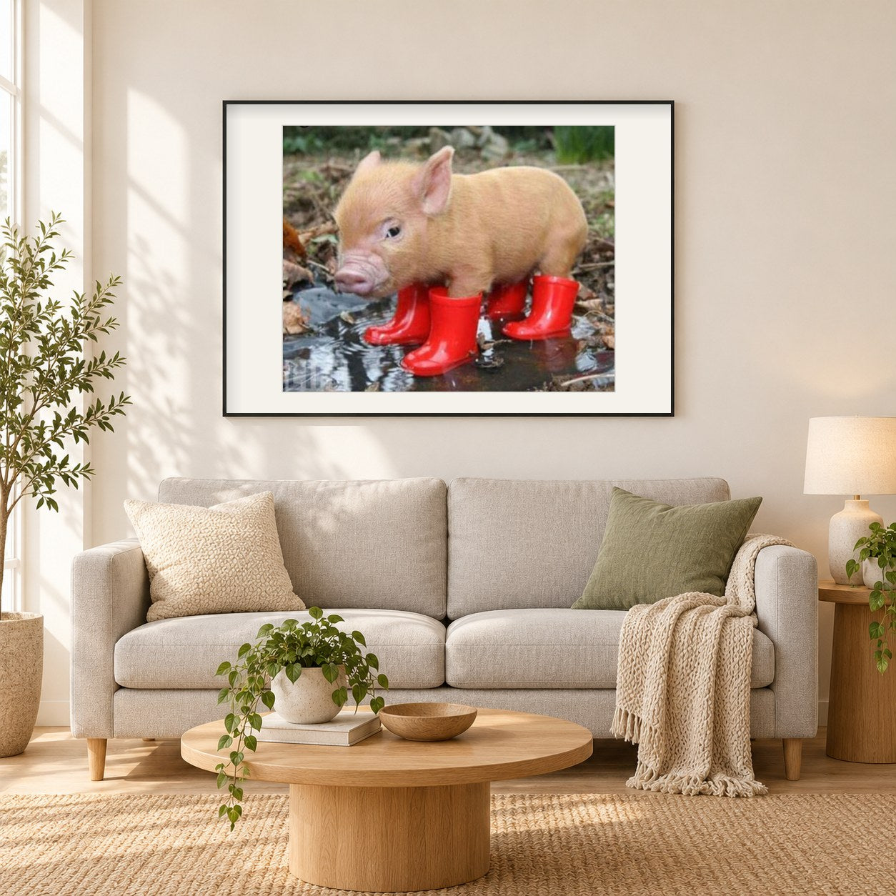 Kleines Schwein in roten Stiefeln als gerahmtes Diamond Painting im Wohnzimmer