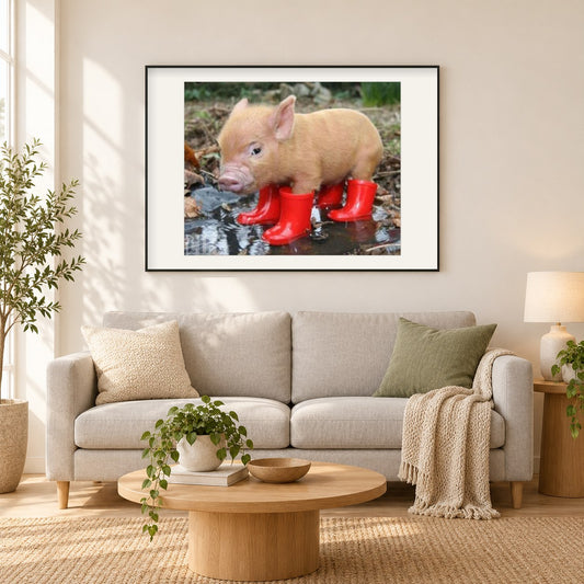 Kleines Schwein in roten Stiefeln als gerahmtes Diamond Painting im Wohnzimmer
